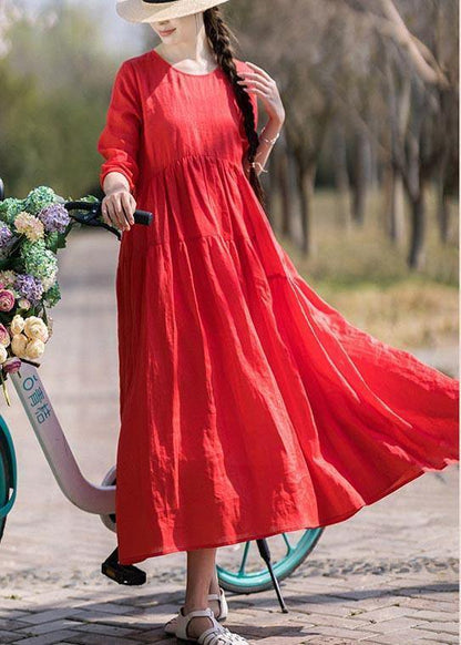 Italian Red Half Sleeve O-neck Summer Linen Dress