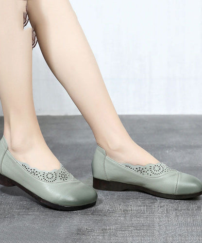 Green Hollow Out Flat Shoes Cowhide Leather Splicing Flats
