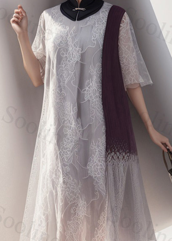 Chinese Style Colorblock Stand Collar Silk Dress Summer