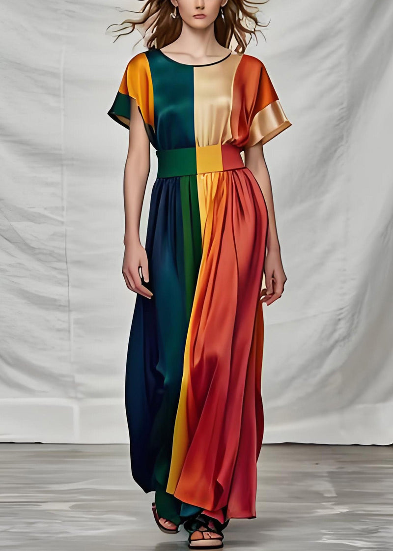 Organic Colorblock O Neck Silk Dress Summer