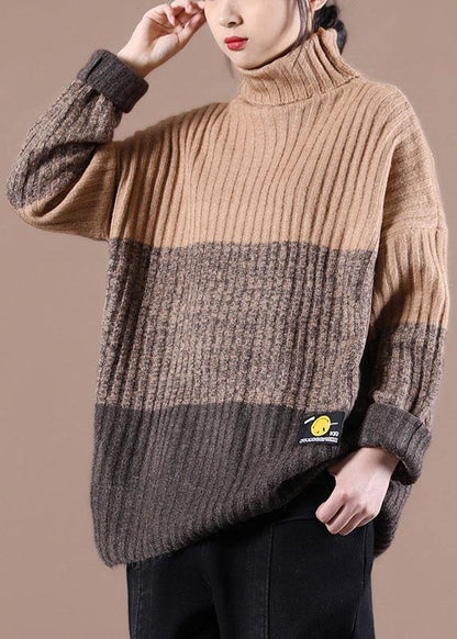 Natural Khaki Colorblock High Neck Fall Knit Sweater