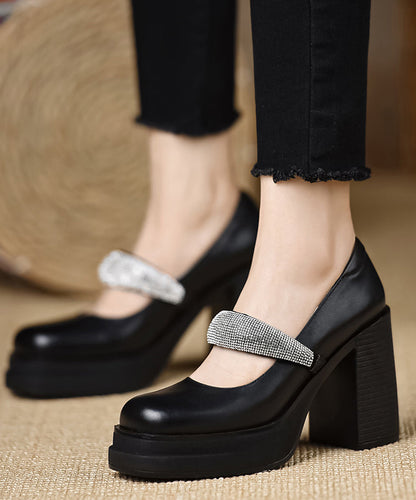 European and American Style Suede Chunky High Heels Splicing Zircon Buckle Strap