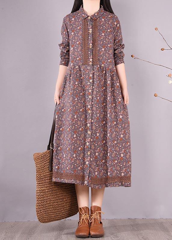 Lapel Lace Spring Quilting Dresses Catwalk Purple Print Long Dresses