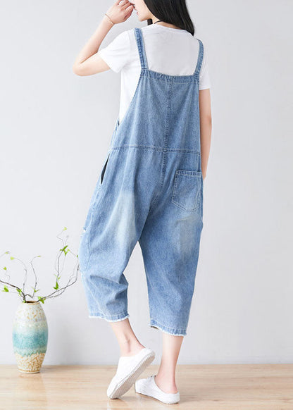Light Blue Hole Pockets Cowboy Jumpsuits Spring