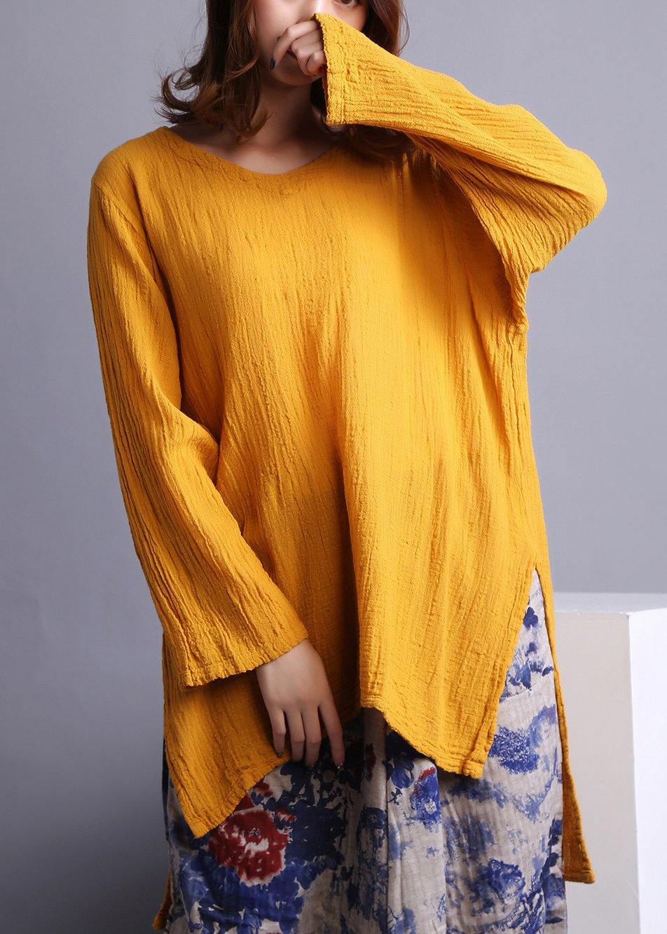 Yellow U Neck Low High Design Linen Spring Shirt