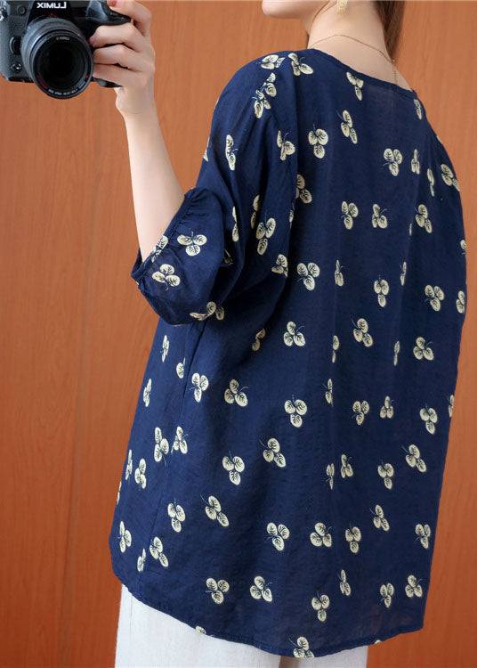 Navy O-neck Print Wrinkled Fall Half Sleeve Top