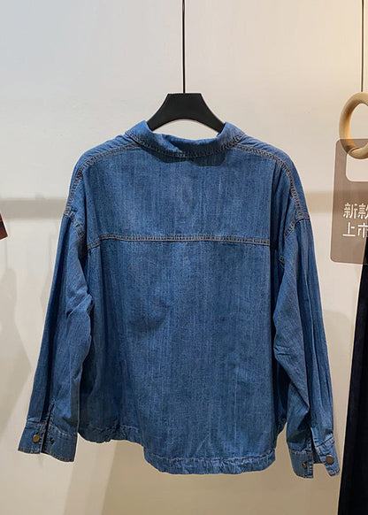 Classy Navy Oversized Pockets Denim Coats Summer