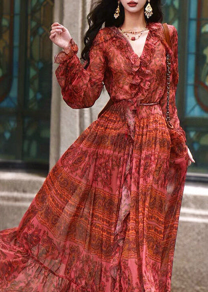 Red V Neck Ruffled Print Silk Robe Dresses Spring