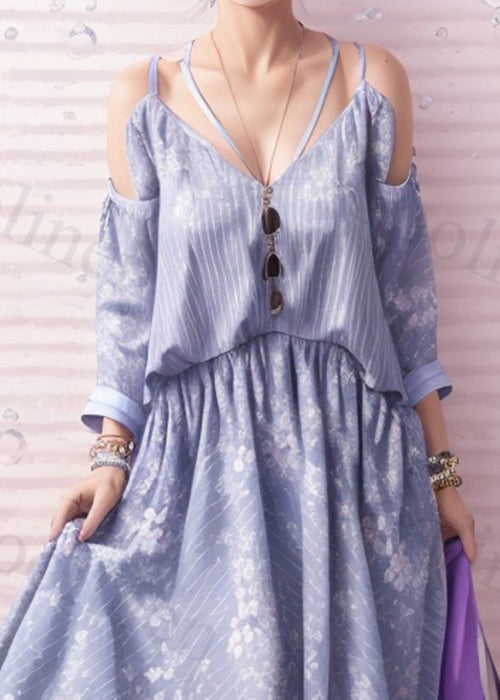Italian Light Blue Cold Shoulder Print Silk Long Dresses Summer