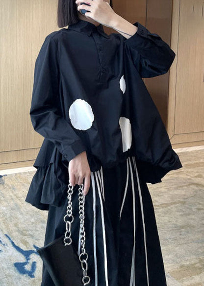 Modern Black Low High Design Peter Pan Collar Dot Patchwork Shirt Tops Spring