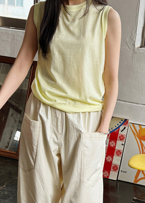 Simple Yellow O Neck Cotton Top Sleeveless