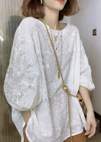 French White O-neck Nail Bead Embroideried Lace Shirt Top Bracelet Sleeve