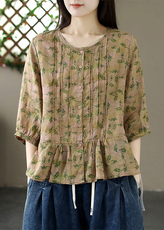 Organic Purple O-neck Print Wrinkled Linen Shirt Summer