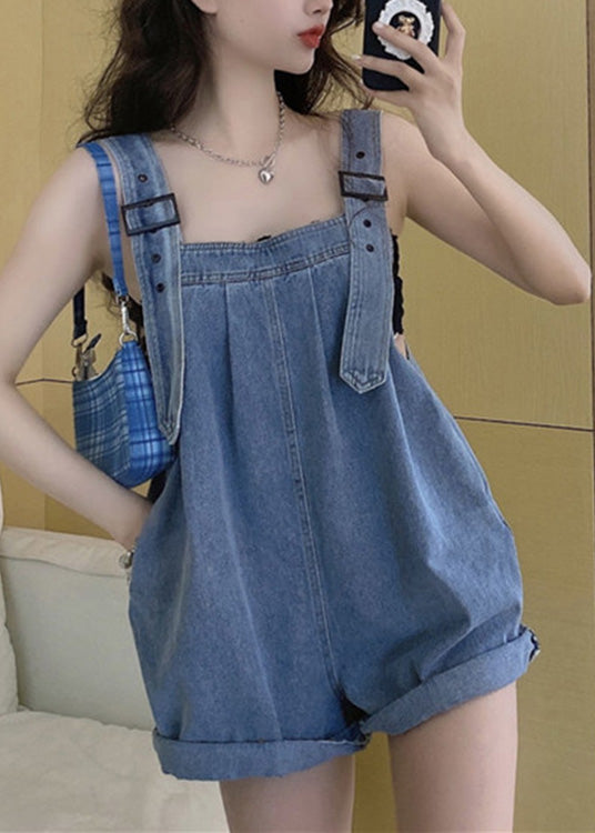 Blue Slash Neck Patchwork Button Jumpsuit Pants Summer
