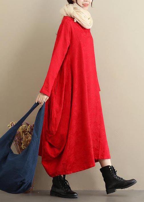 Diy Red Jacquard Tunics O Neck Asymmetric Maxi Spring Dresses