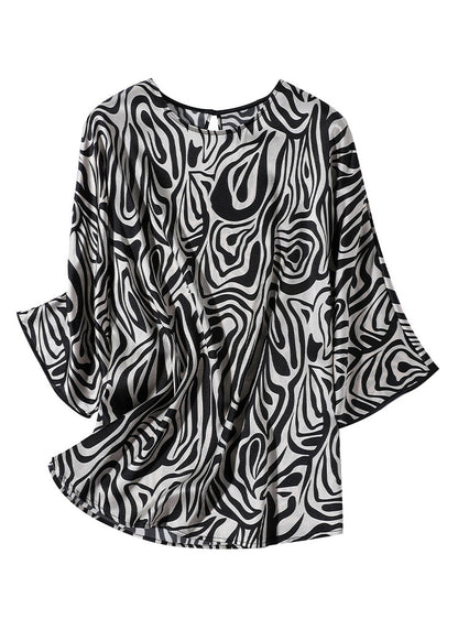 Loose Leopard O-neck Silk Tops Long Sleeve