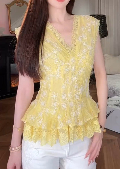 Boutique Yellow Embroidered Lace Patchwork Cotton Shirts Sleeveless