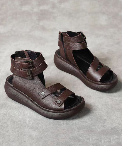 Splicing Wedge Sandals Black Cowhide Leather Peep Toe