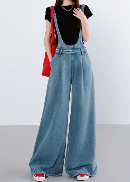 Blue Pockets Patchwork Denim Wide Leg Jumpsuit Fall