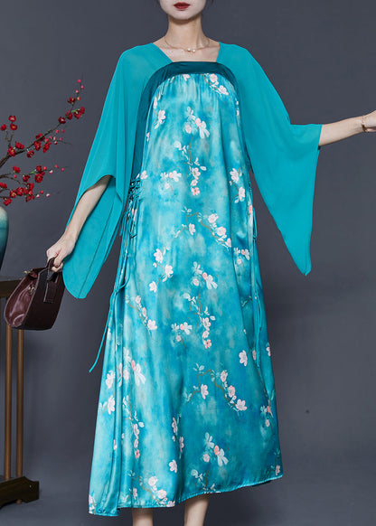 Blue Cinched Patchwork Silk Long Dresses Summer