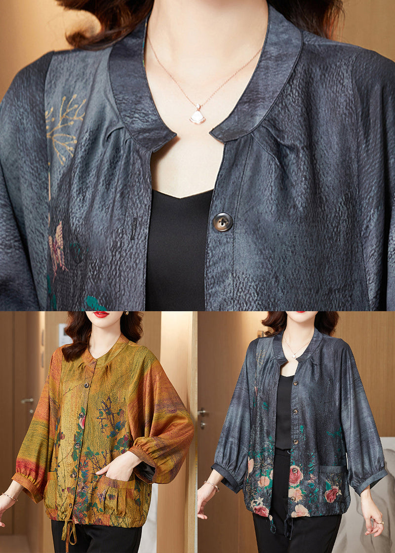 Blue Stand Collar Print Button Silk Tops Long Sleeve