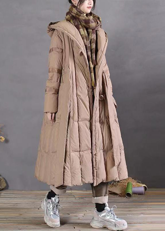 Khaki Hooded Tie Waist Patchwork Duck Down Long Coat Winter