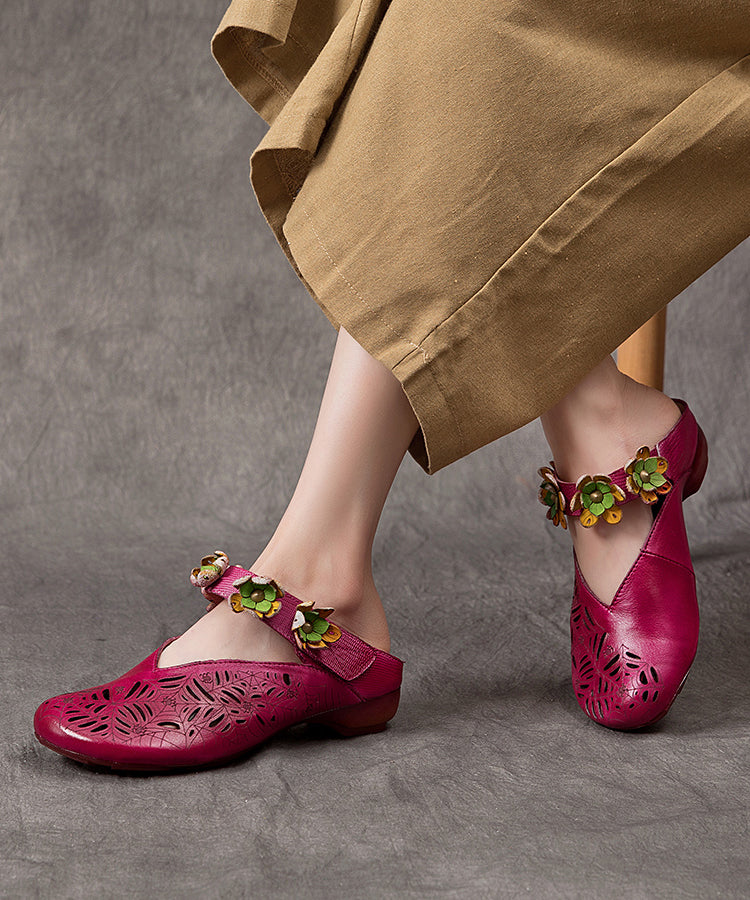 Purple Hollow Out Cowhide Leather Slide Sandals
