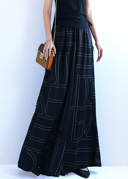 Black Geometric Pockets Cotton Wide Leg Pants Elastic Waist Summer