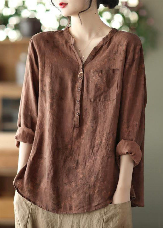 Coffee V Neck Button Patchwork Linen Shirts Spring