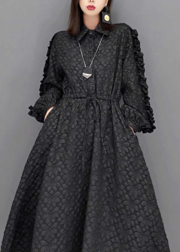 Black Ruffled Jacquard Patchwork Cotton Long Dress Fall