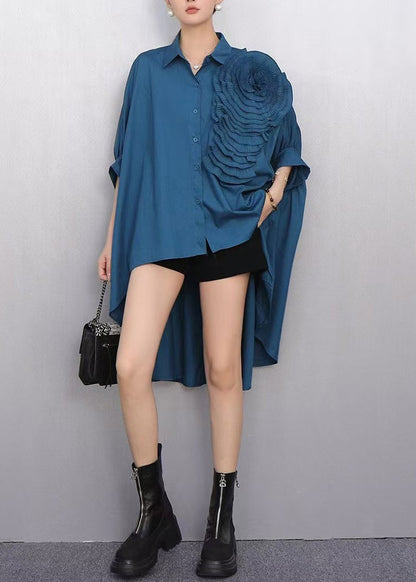 Navy Oversized Stereoscopic Flower Low High Design Long Shirts