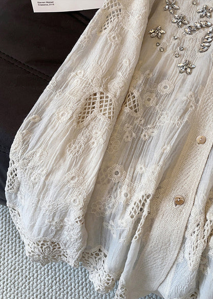 Handmade Apricot Embroidered Zircon Hollow Out Cotton Blouses Fall