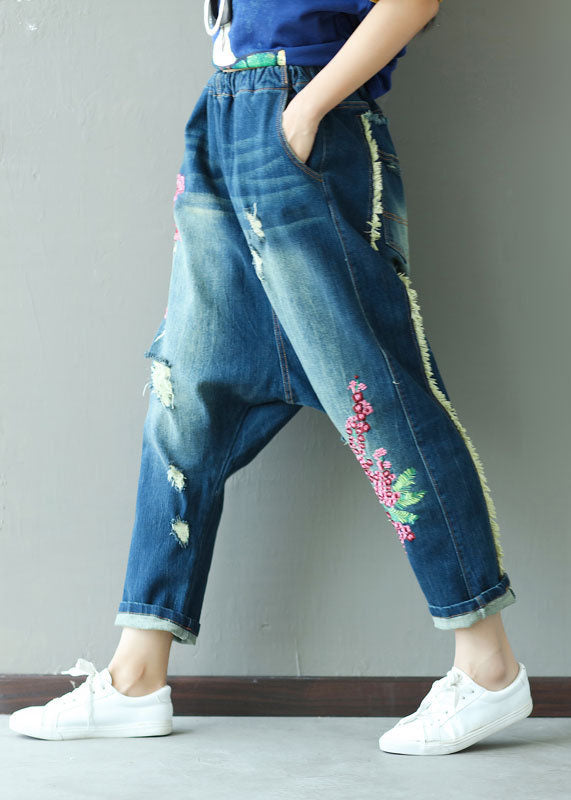 Boutique Dark Blue Embroideried Pockets Elastic Waist Ripped Jeans Spring