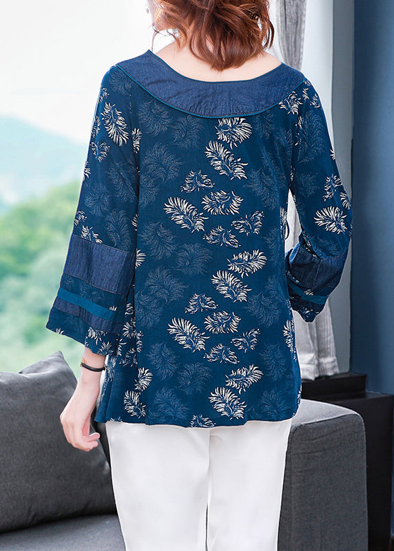 Boutique Blue Tie Waist Asymmetrical Design V Neck Print Patchwork Cotton Top Three Quarter Sleeve