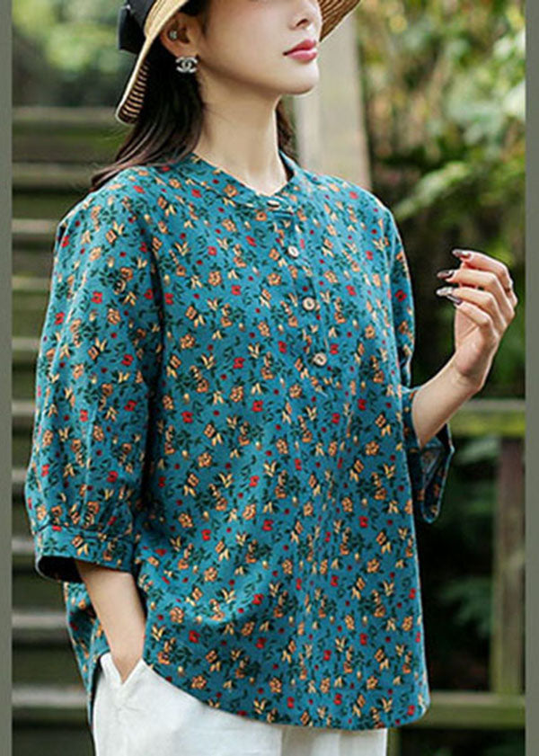 Blue Print Linen Loose Shirts for O-neck Button Bracelet Sleeve