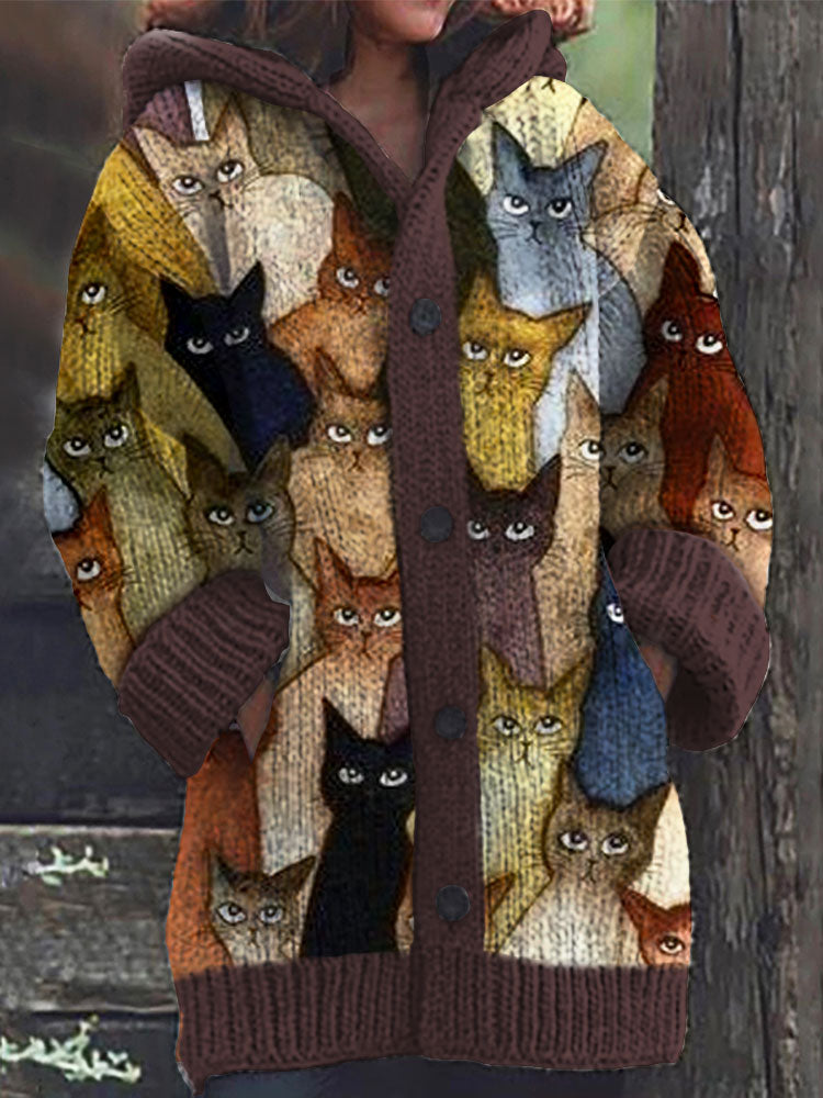 Comstylish Colorful Cats Pattern Cozy Hooded Cardigan