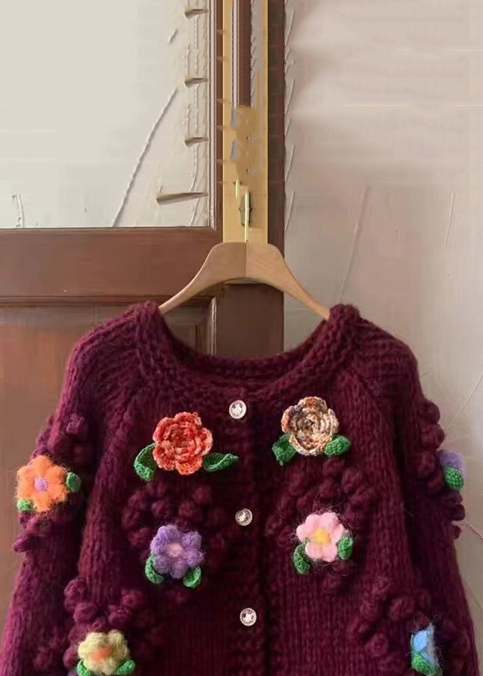 Red O Neck Button Cozy Cotton Knit Coats Long Sleeve