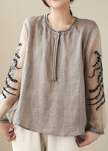 Simple Grey O-neck Embroideried Linen Top Spring