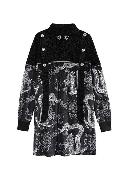 Retro Black Stand Collar Embroideried Patchwork Diamond Mid Dresses Spring