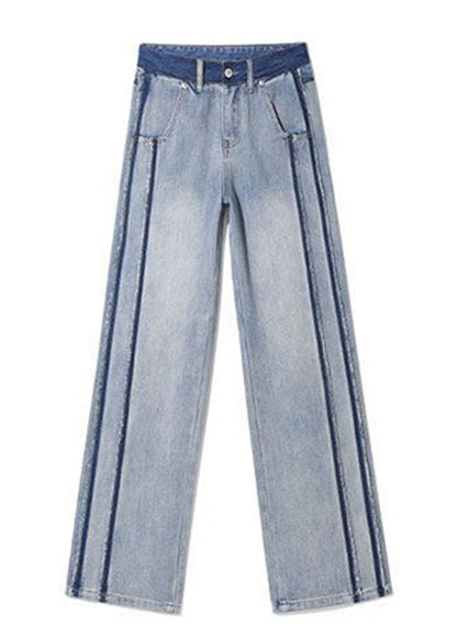 Blue Patchwork Zippered Button Straight Jeans