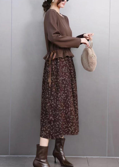Novelty Coffee O-neck Patchwork Print Fake Two Pieces Long Dress Spring