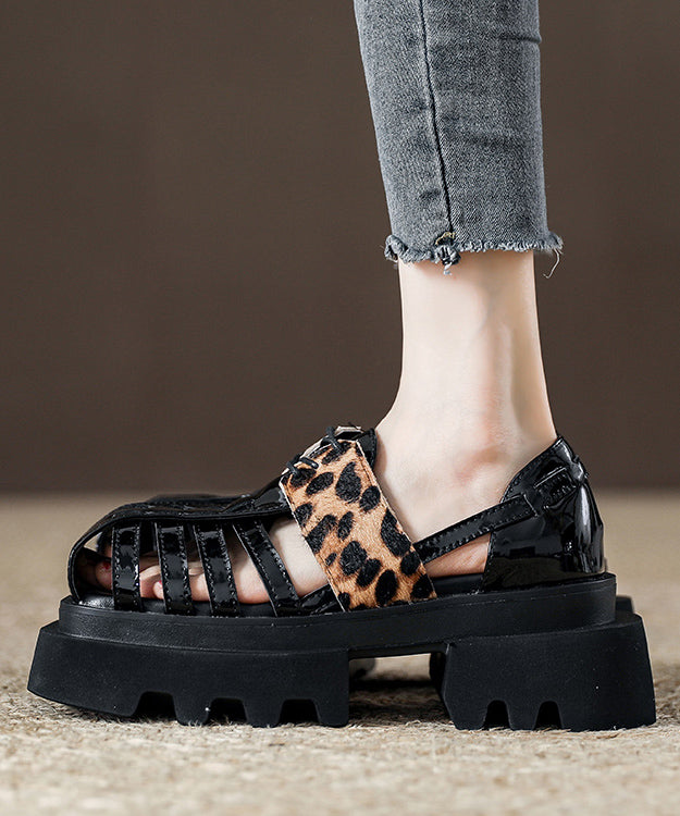 Platform Black Leopard Roman Sandals New Hollow Out Design