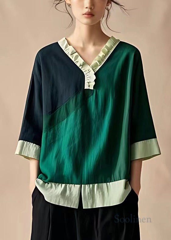 New Navy Ruffled Patchwork Linen T Shirts Bracelet Sleeve