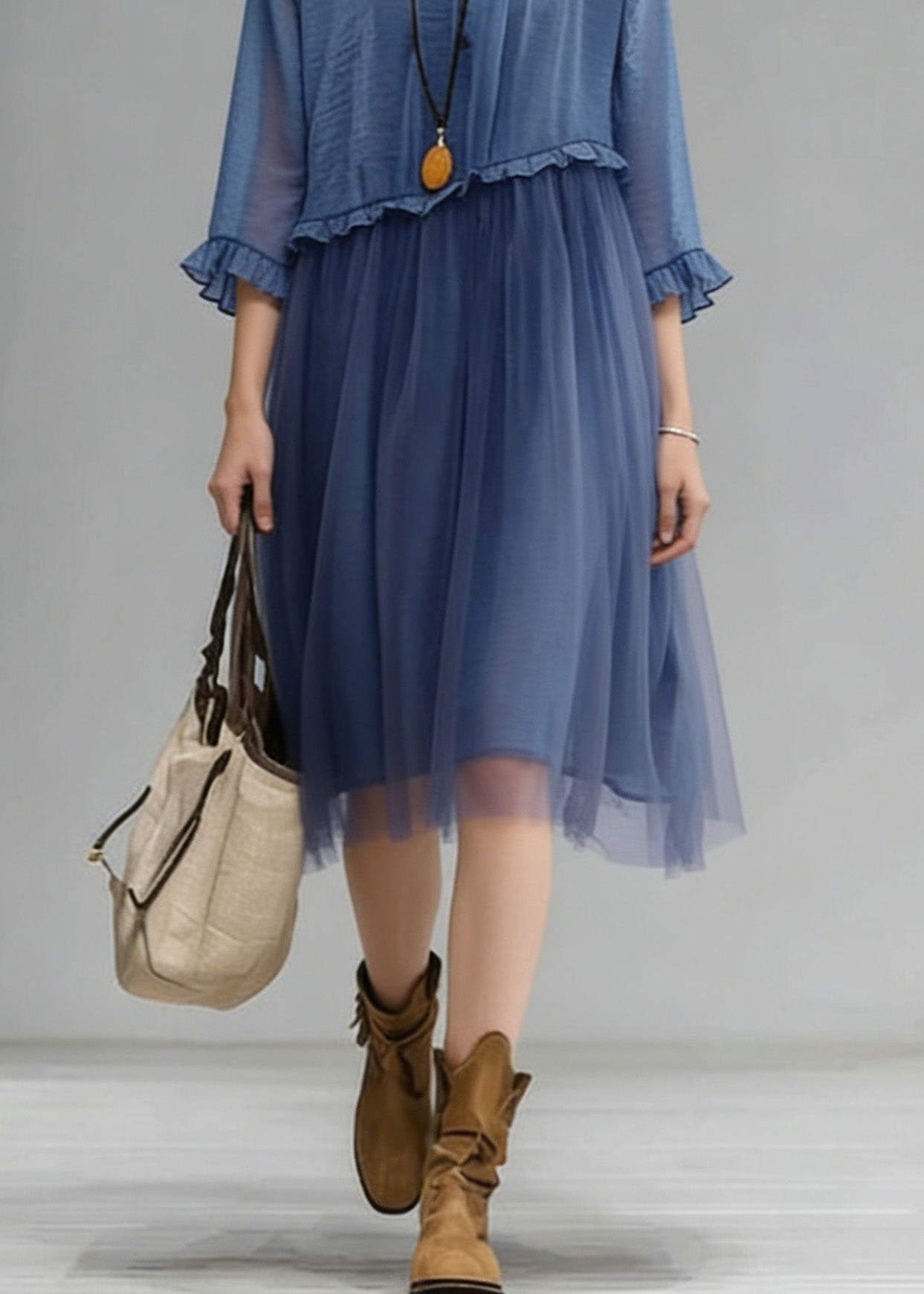Blue O-neck Ruffled Tulle Patchwork Chiffon Dress Summer
