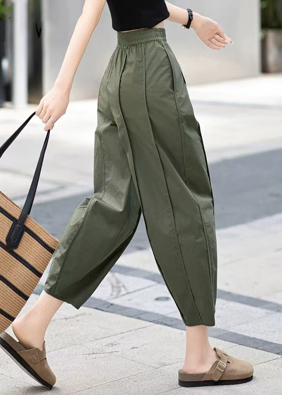 New Army Green Wrinkled Pockets Cotton Crop Pants Summer