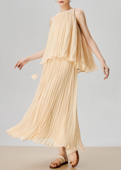 Apricot Wrinkled Tops and Skirts Chiffon Two Pieces Set Sleeveless