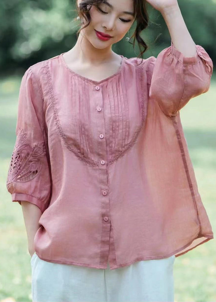 Unique Green O-nec Embroideried Wrinkled Ramie Top Fall
