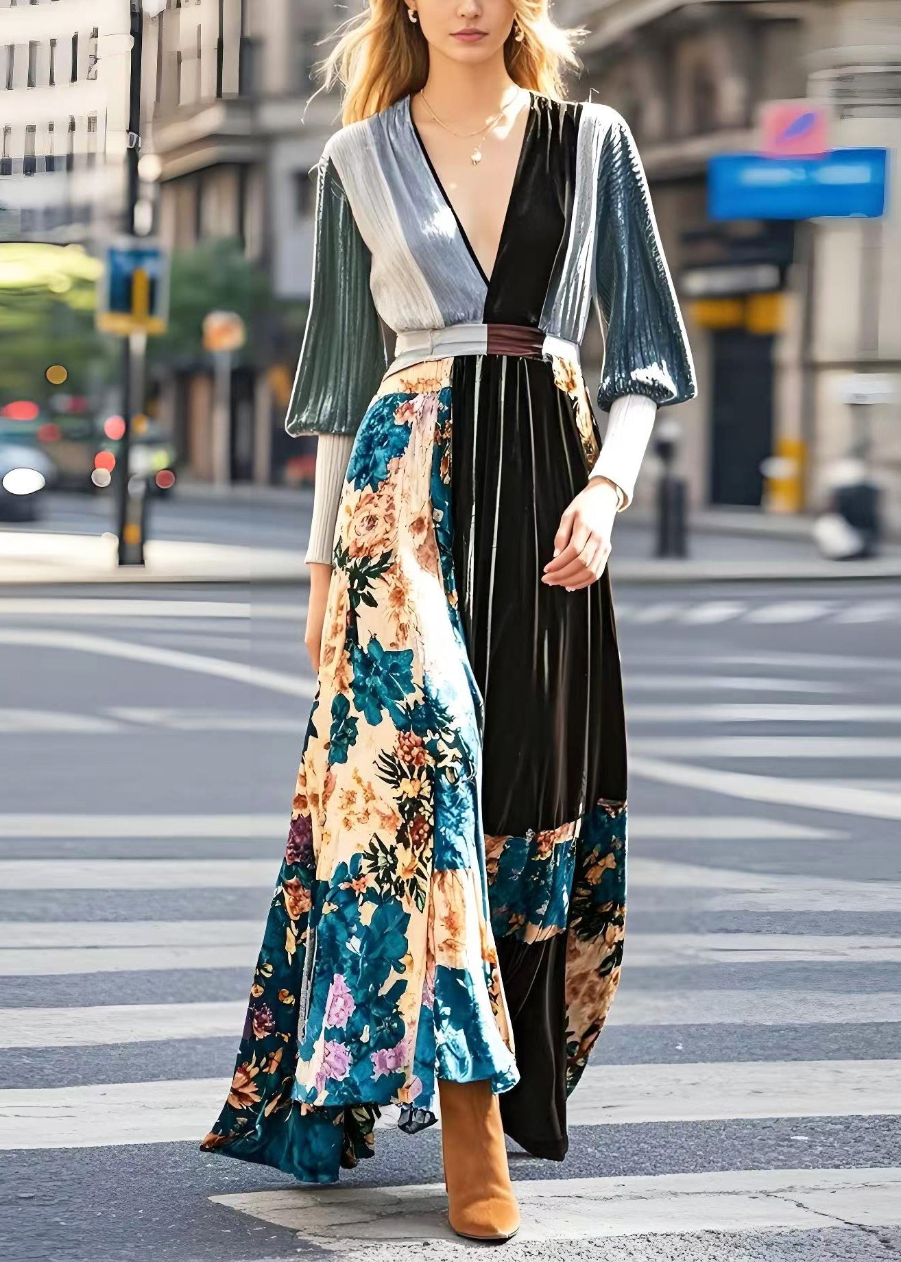 Diy Print Patchwork Exra Large Hem Silk Velour Holiday Dress Spring