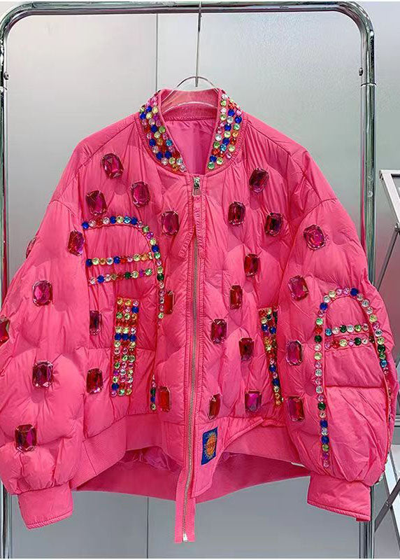 Fitted Rose O-neck Nail Bead Zircon Duck Down Down Coat Winter