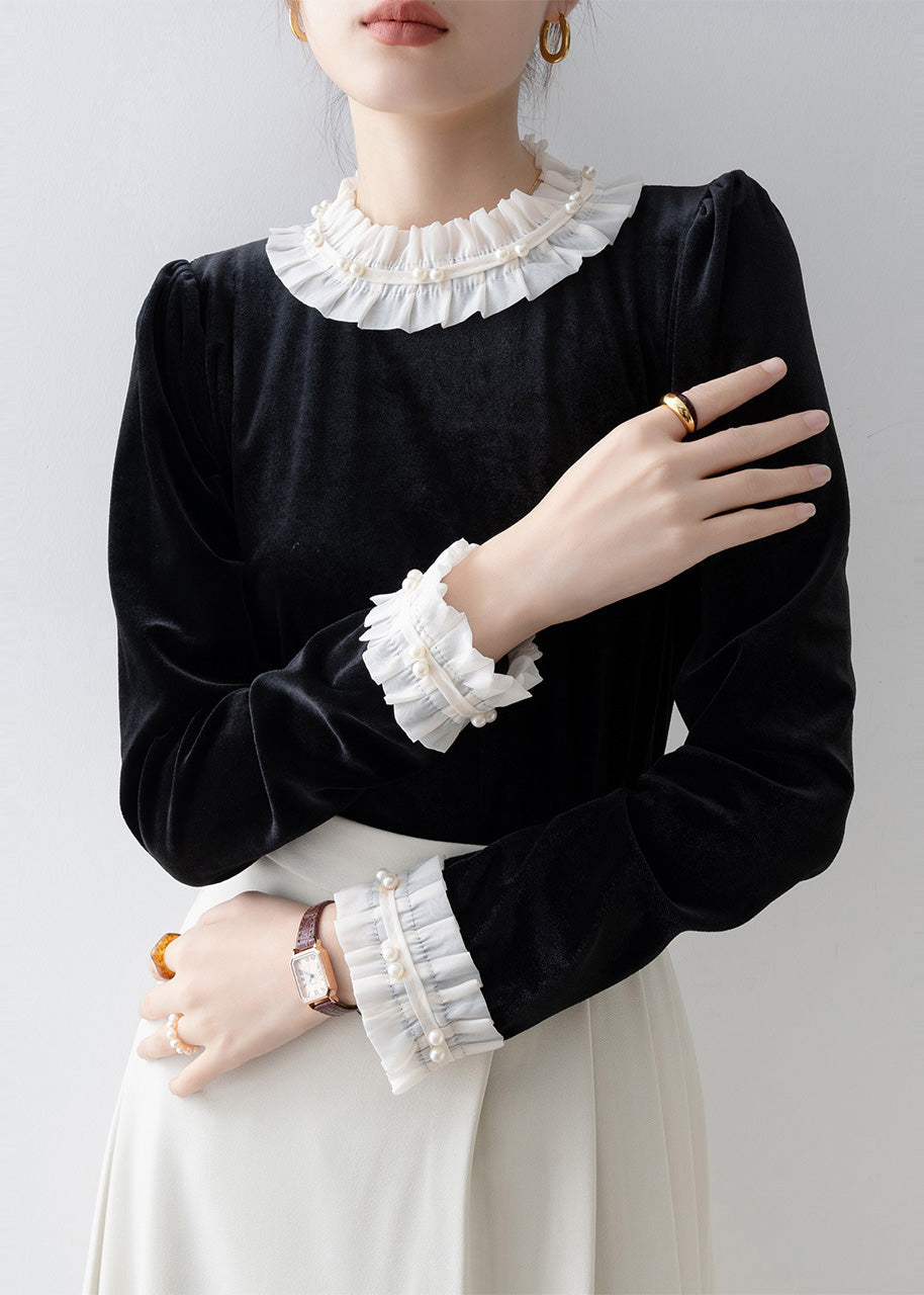 Black Ruffled Patchwork Silk Velour Shirt Top Spring